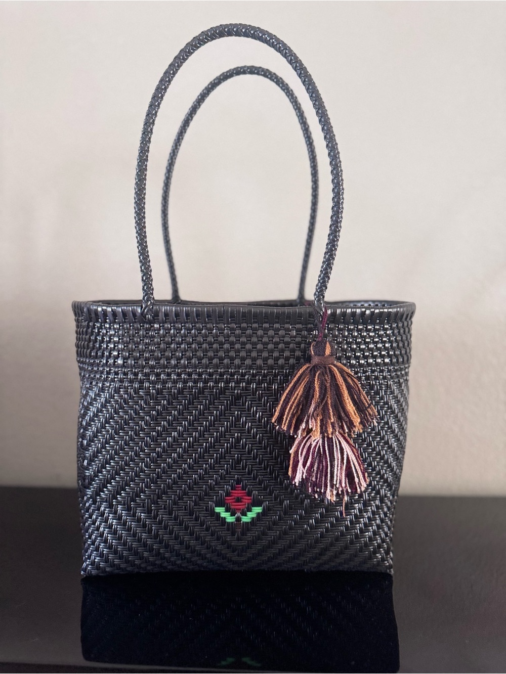 Black Woven Tote Bag with Tassel Accent